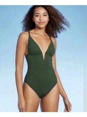 Ribbed Olive Green V-Plunge One-Piece Swimsuit